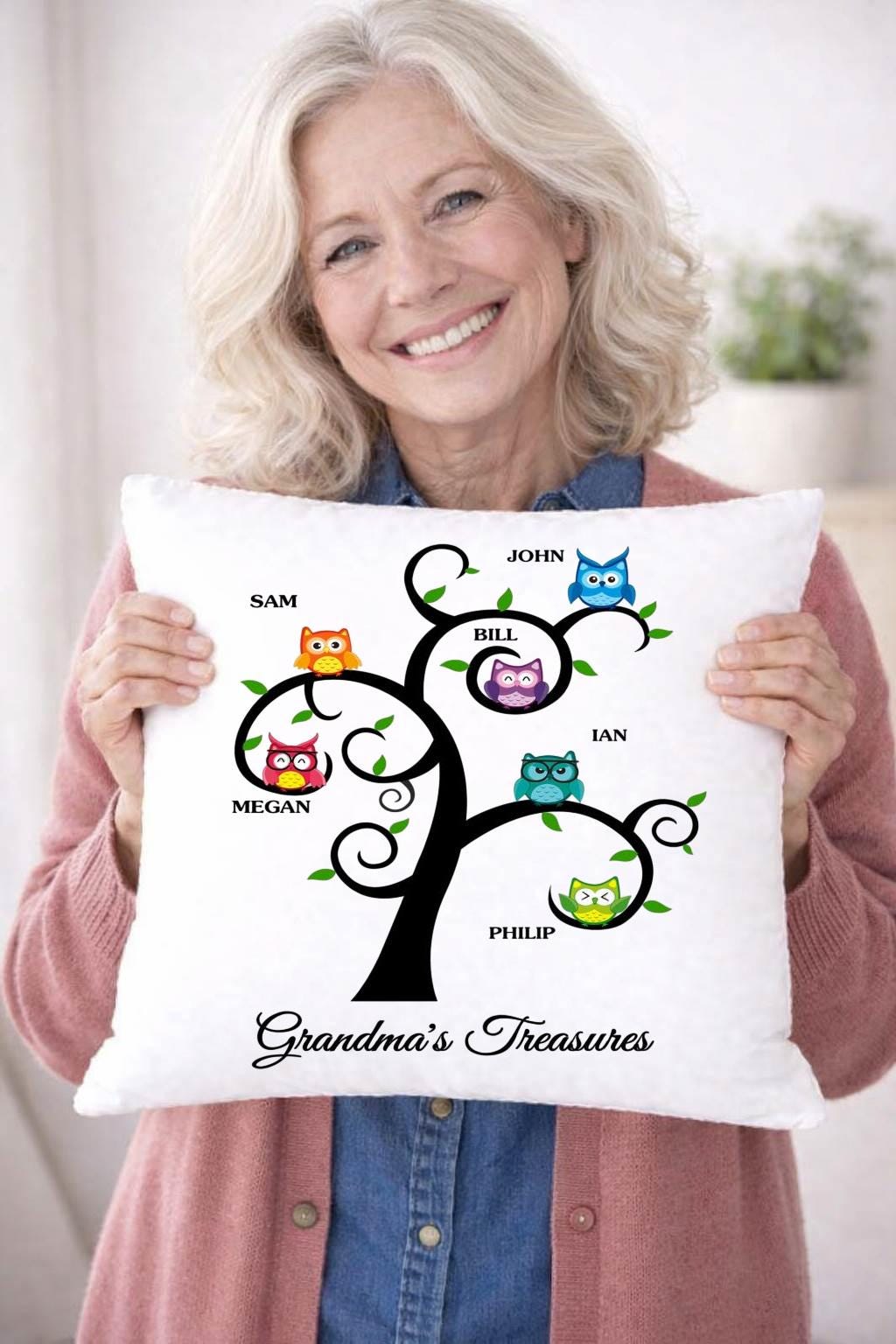 owl family tree, personalised cushion cover owl family tree, personalised cushion cover