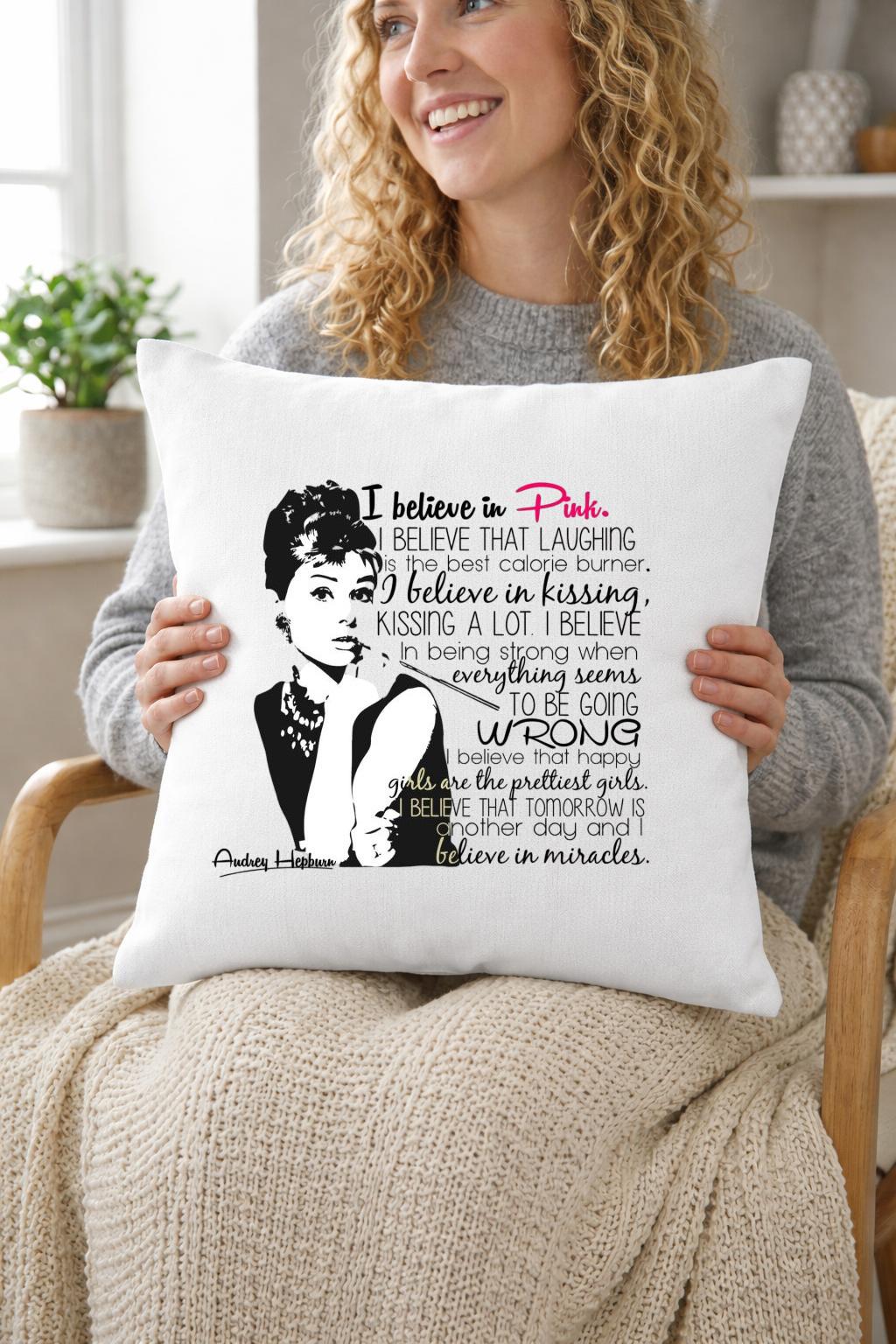 audrey hepburn, i believe in pink, lyrics cushion cover audrey hepburn, i believe in pink, lyrics cushion cover