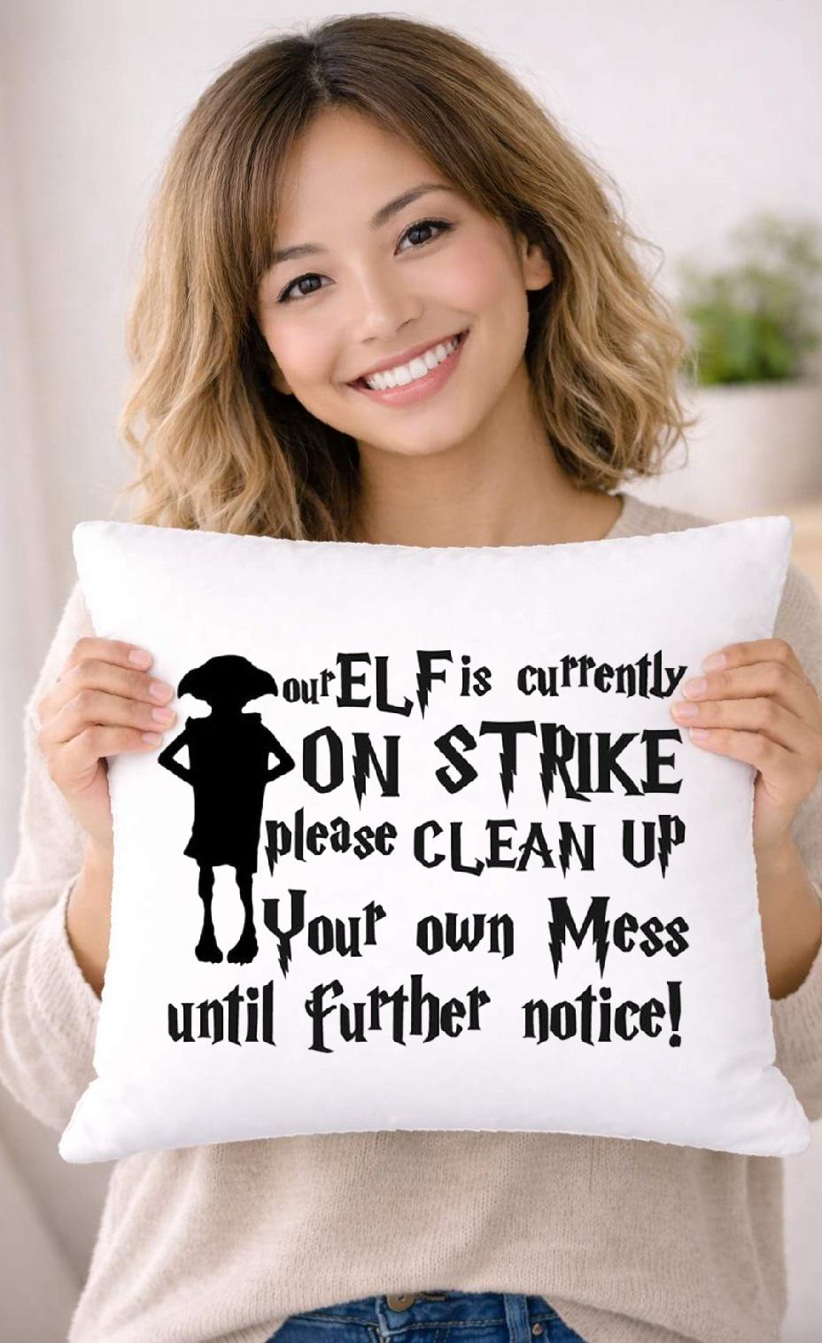 elf on strike, quote cushion cover elf on strike, quote cushion cover