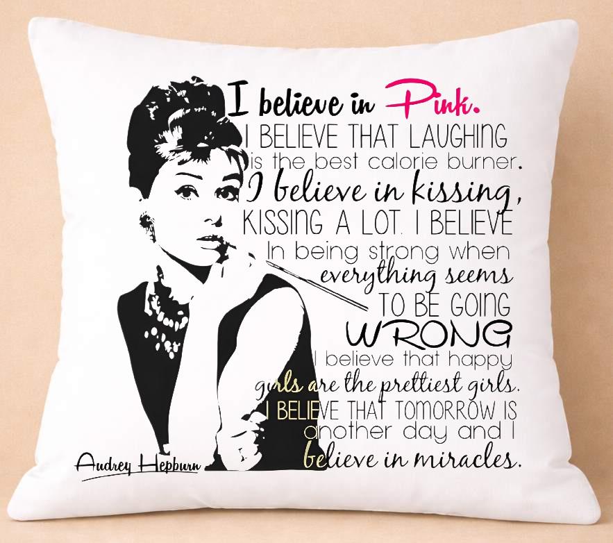 audrey hepburn, i believe in pink, lyrics cushion cover audrey hepburn, i believe in pink, lyrics cushion cover