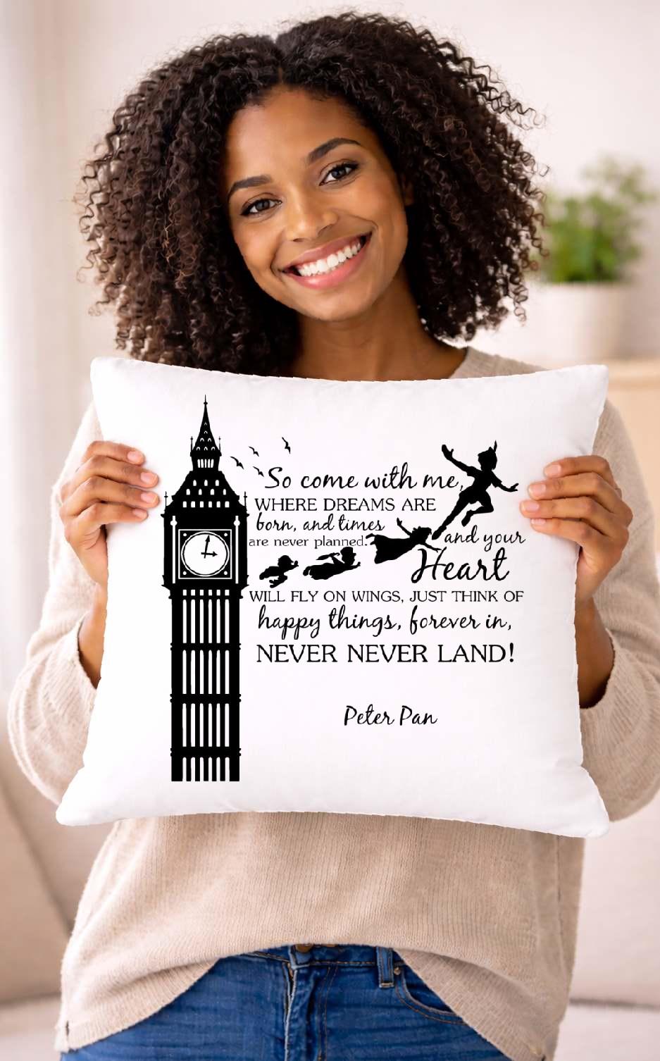 peter pan, never never land, quote cushion cover peter pan, never never land, quote cushion cover