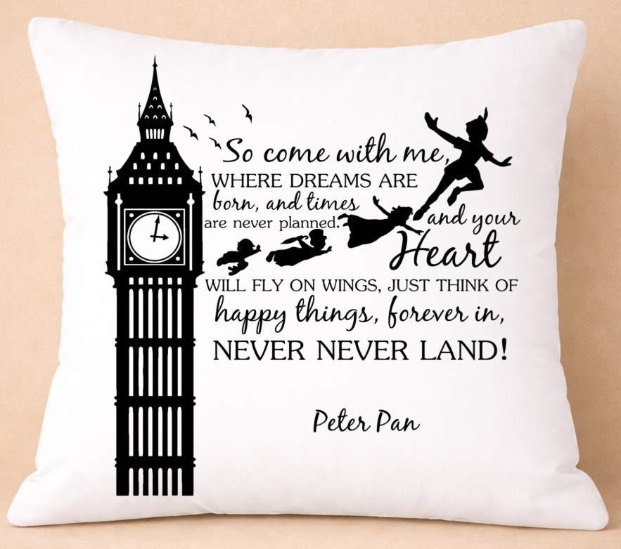 peter pan, never never land, quote cushion cover peter pan, never never land, quote cushion cover